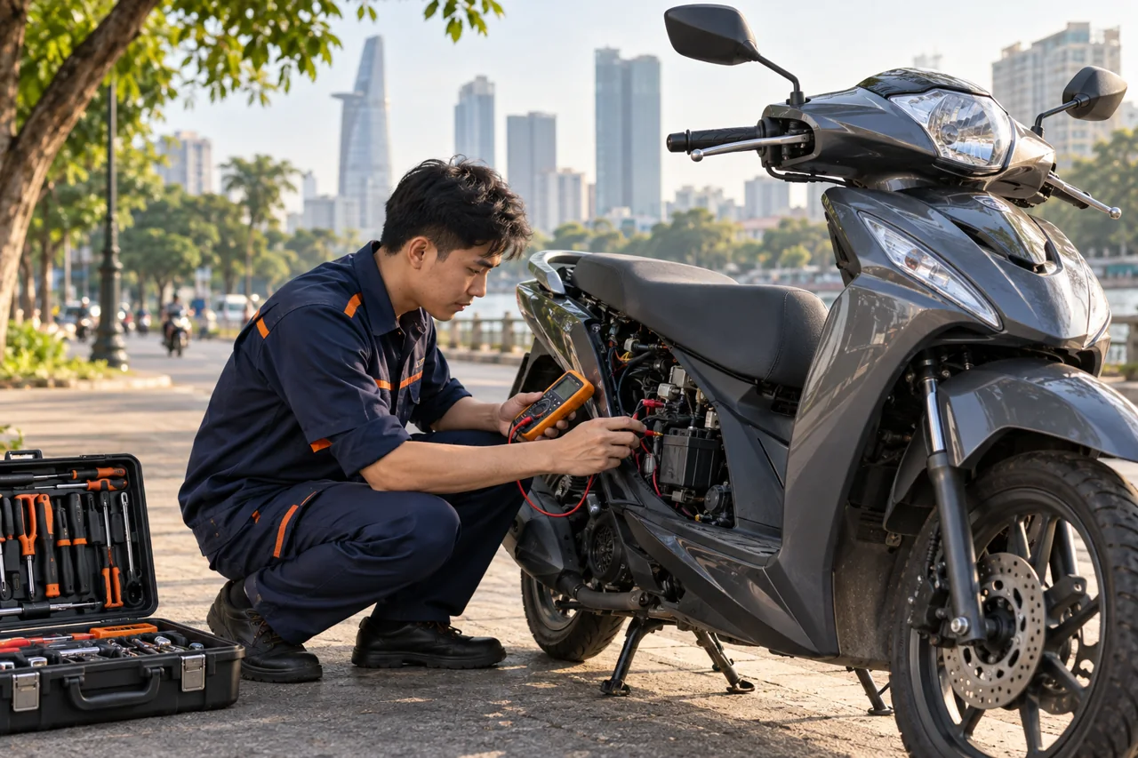 Ảnh minh họa kỹ thuật viên kiểm tra xe máy tại vị trí dừng an toàn