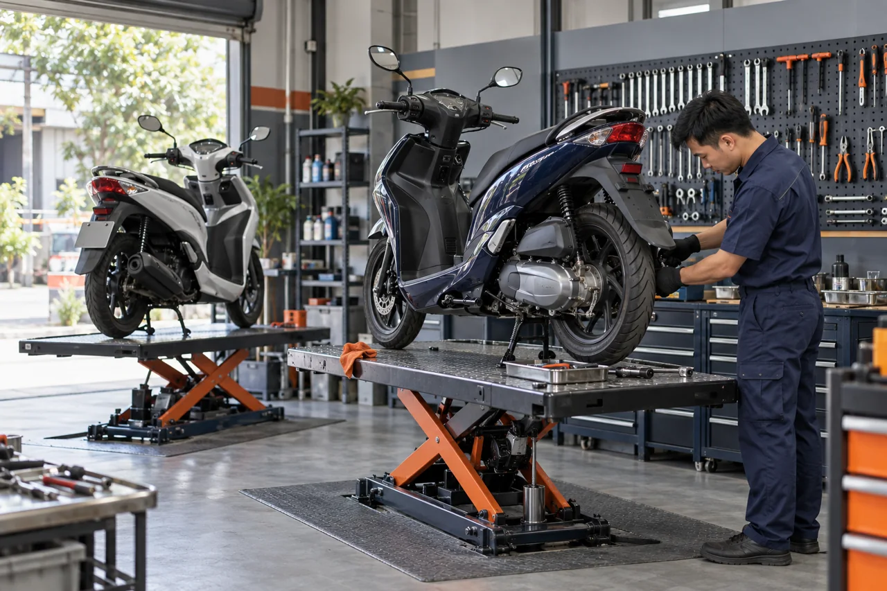 Minh họa kiểm tra xe tại không gian sửa chữa ngăn nắp